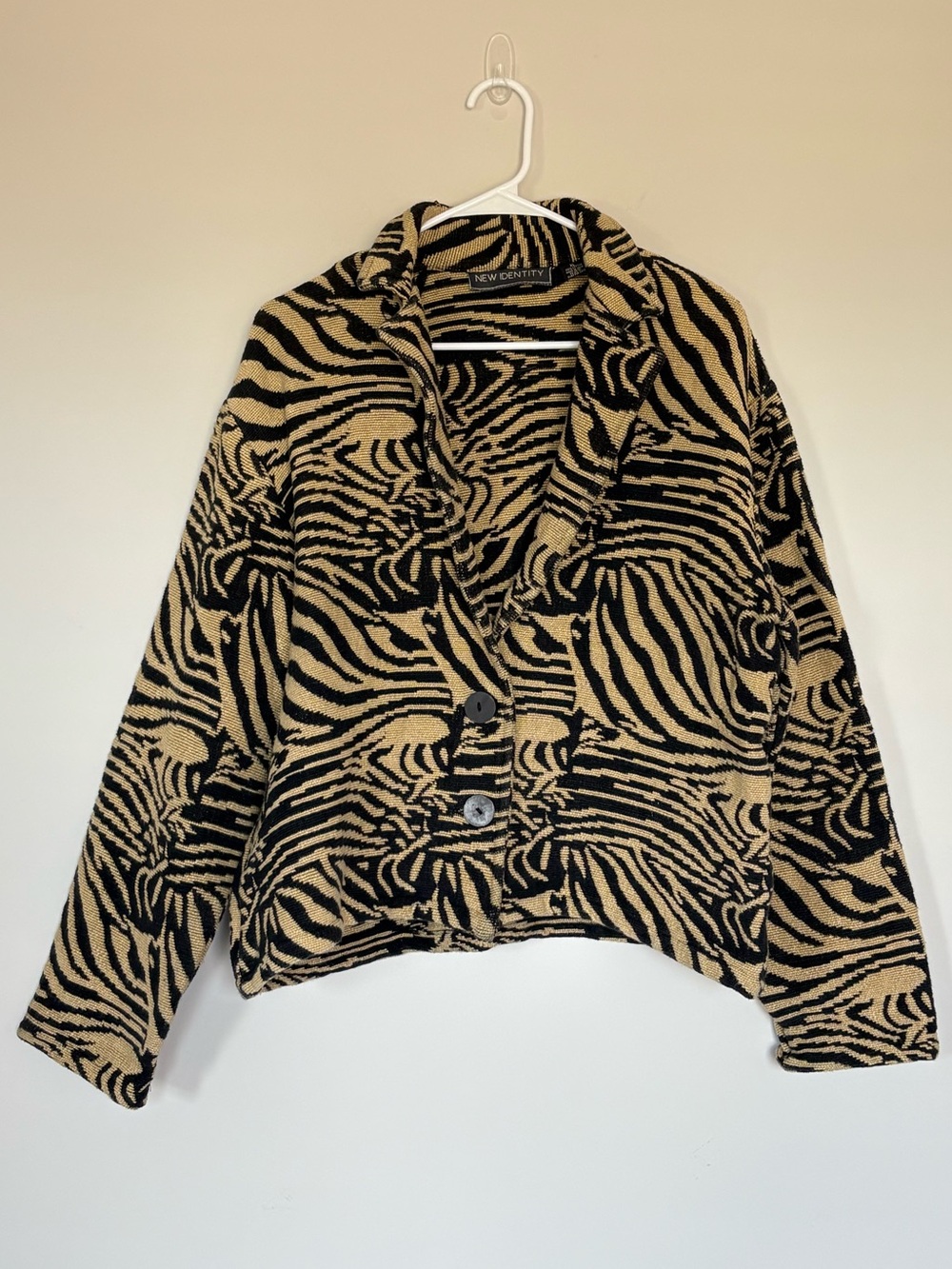 New Identity Knit Blazer Jacket XL Black Tan Animal Print Cotton Oversized Vtg
